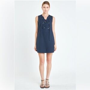 NWT English Factory Navy Blue Lace-Up Front Linen Mini Dress